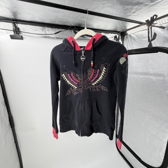 Volcom Tops - Y2K Volcom Womens Black Pink Graphic Zip Up Hoodie Y2K Butterfly Skate